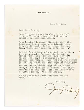STEWART, JAMES. Small archive of 15 items, each Signed or Signed and Inscribed, to James Stewart Fan Club member Mary Trenor,